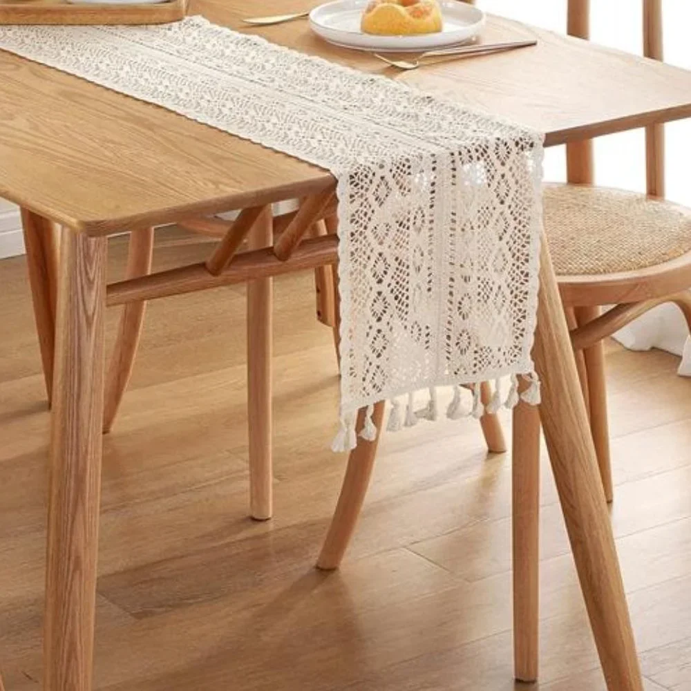 Crocheted Boho Table Runner Bohemian Farmhouse Cottage Decor Decorative Cloth